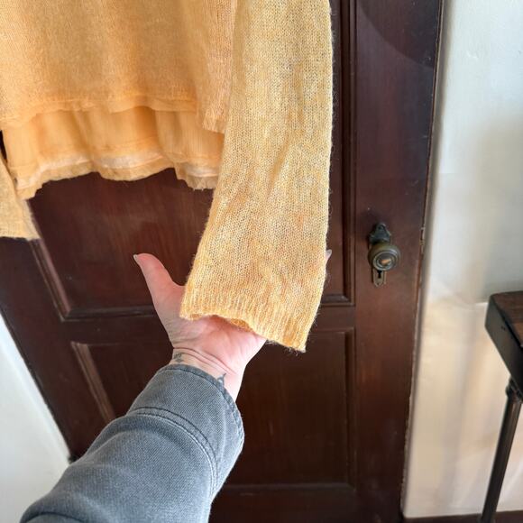 KNITTED AND KNOTTED Peach Open Weave Alpaca Blend Layered V Neck Sweater Medium - Picture 3 of 8